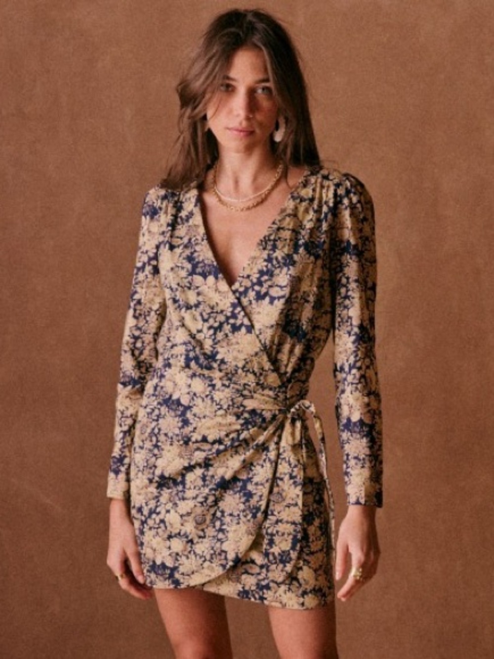 Sézane Noemia Country Flowers Floral Wrap Mini Dress Navy Gold French Girl 2/34